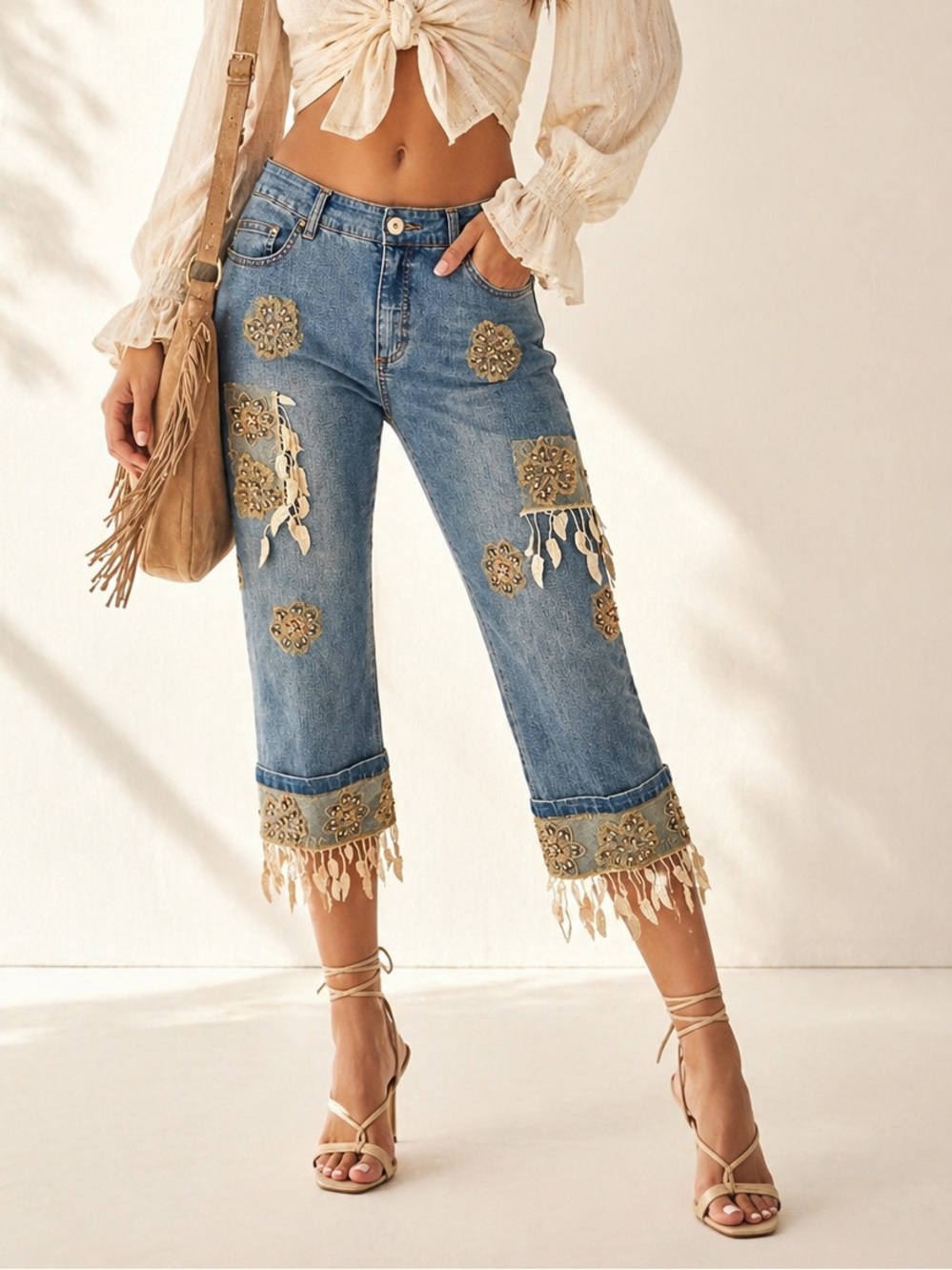 Y2K Boho Patchwork Capri Jeans Beaded Lace Crochet Fringe Simon Chang Pockets L